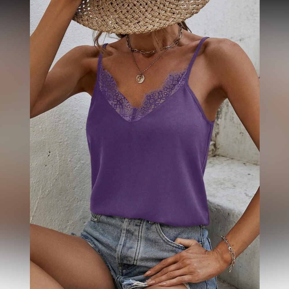 Elegant Purple Lace Trim Cami Top